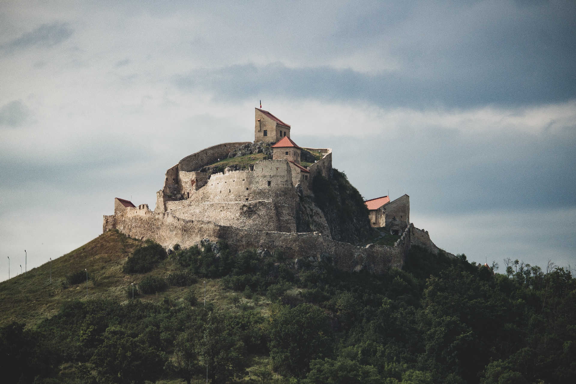 Mittelalterliche Höhenburg Râșnov auf einem bewaldeten Hügel in Rumänien