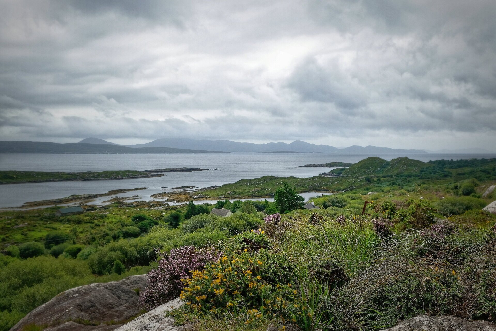 Grüne Hügellandschaft mit Blick auf Meer und vorgelagerte Inseln