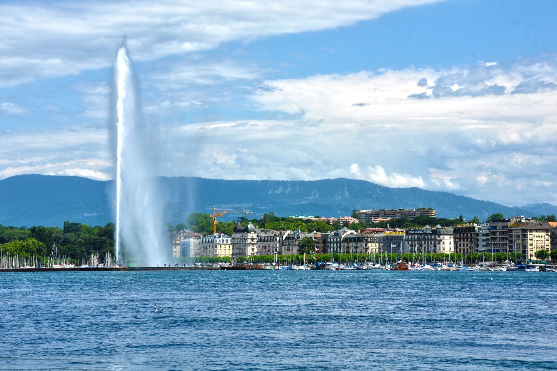 Großer Wasserstrahl vor Stadtkulisse und Bergen
