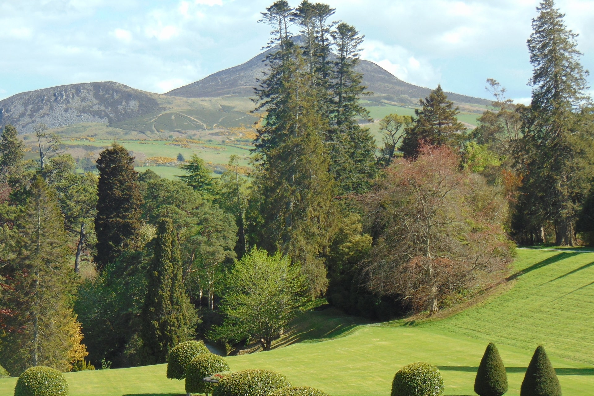 Weitläufiger Park mit Bäumen, Sträuchern und Bergkulisse