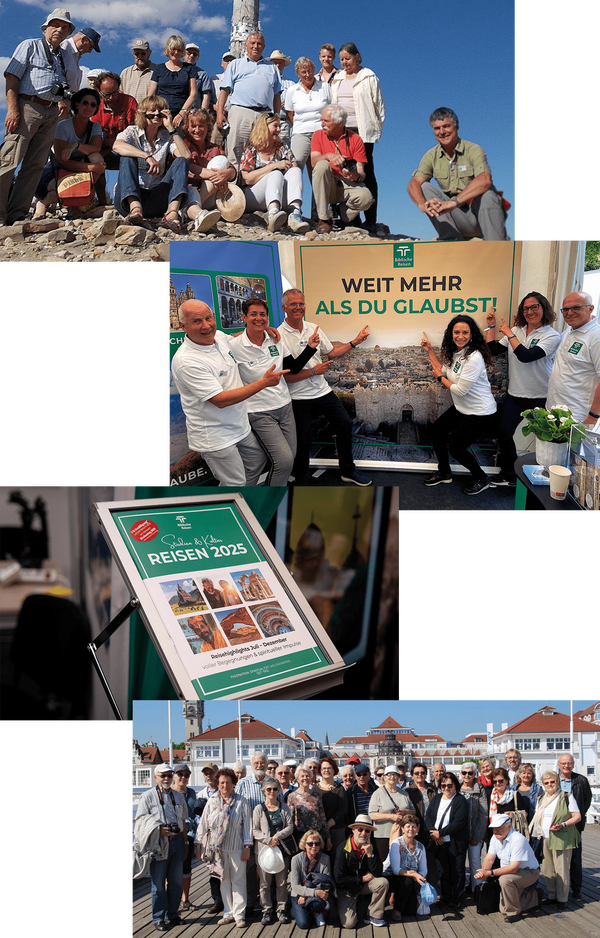 Reisegruppen von Biblische Reisen, Team am Messestand und Katalog Reisen 2025