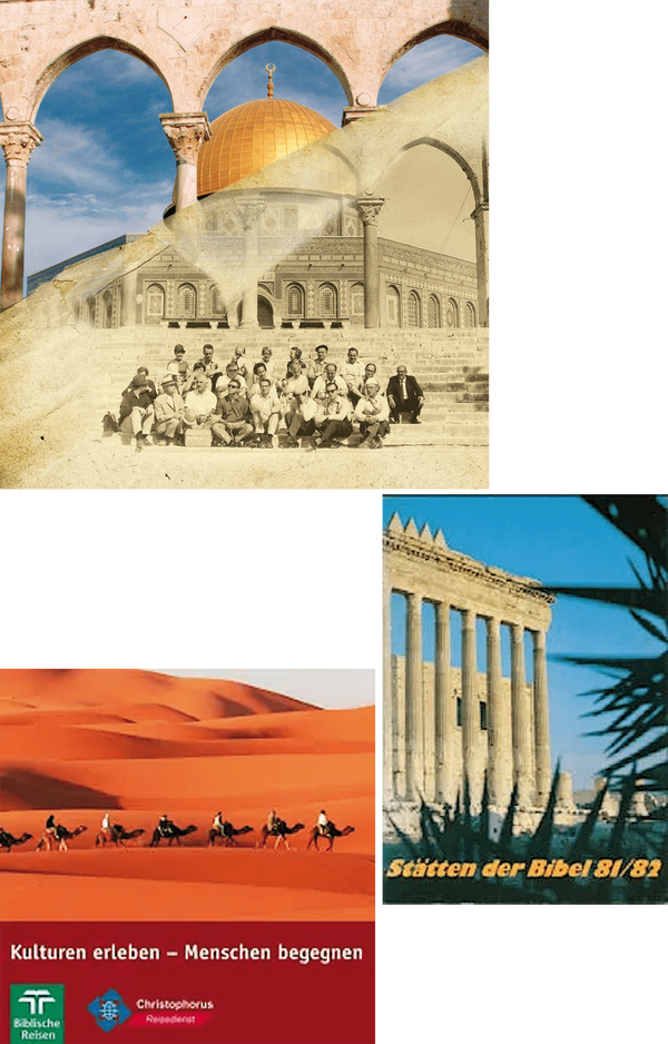 Alte Reisefotos mit Felsendom, Karawane in der Wüste und Tempelruine im Katalog