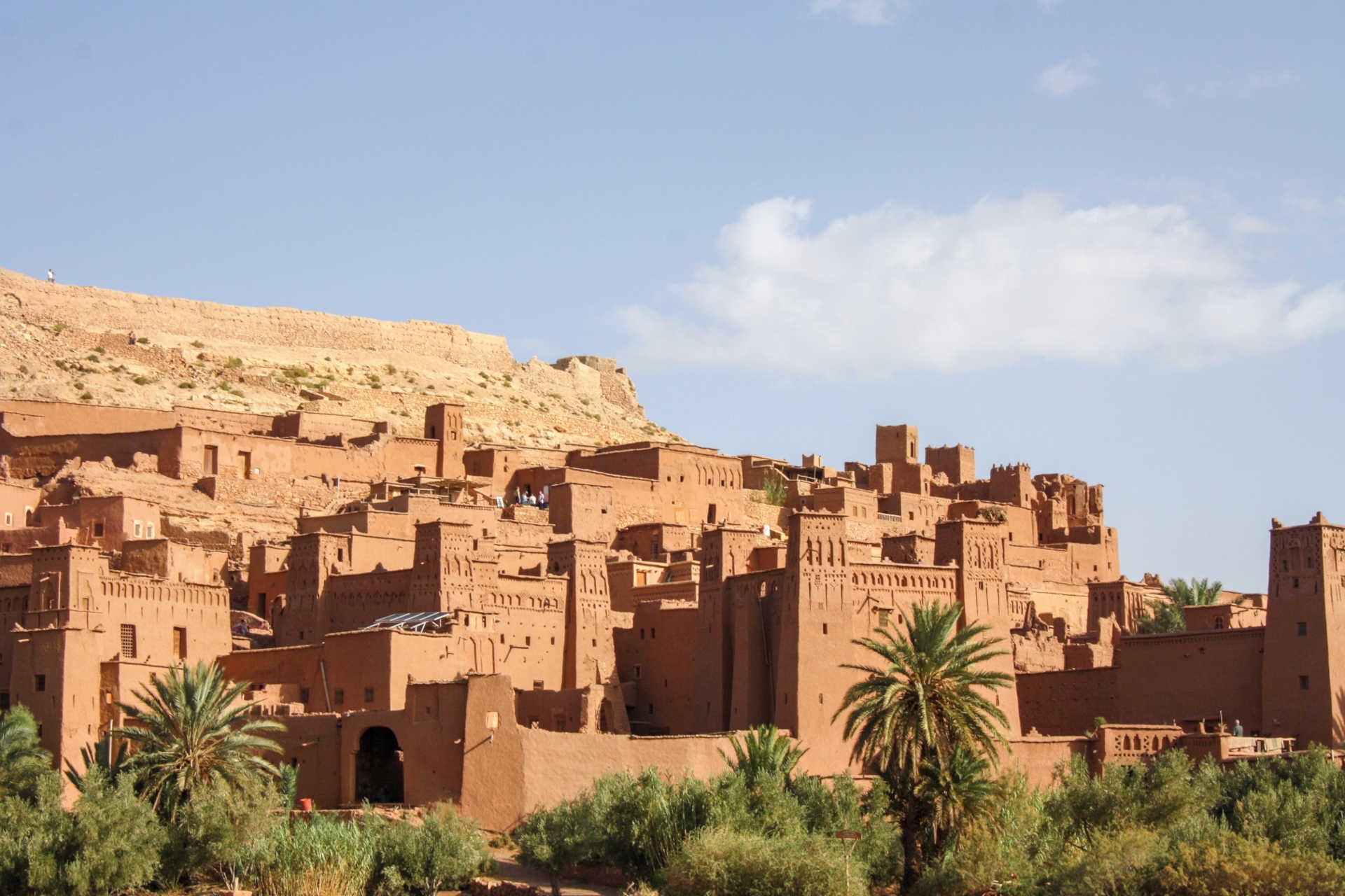 Lehmarchitektur der Kasbah Aït-Ben-Haddou am Hang mit Palmen in der Umgebung