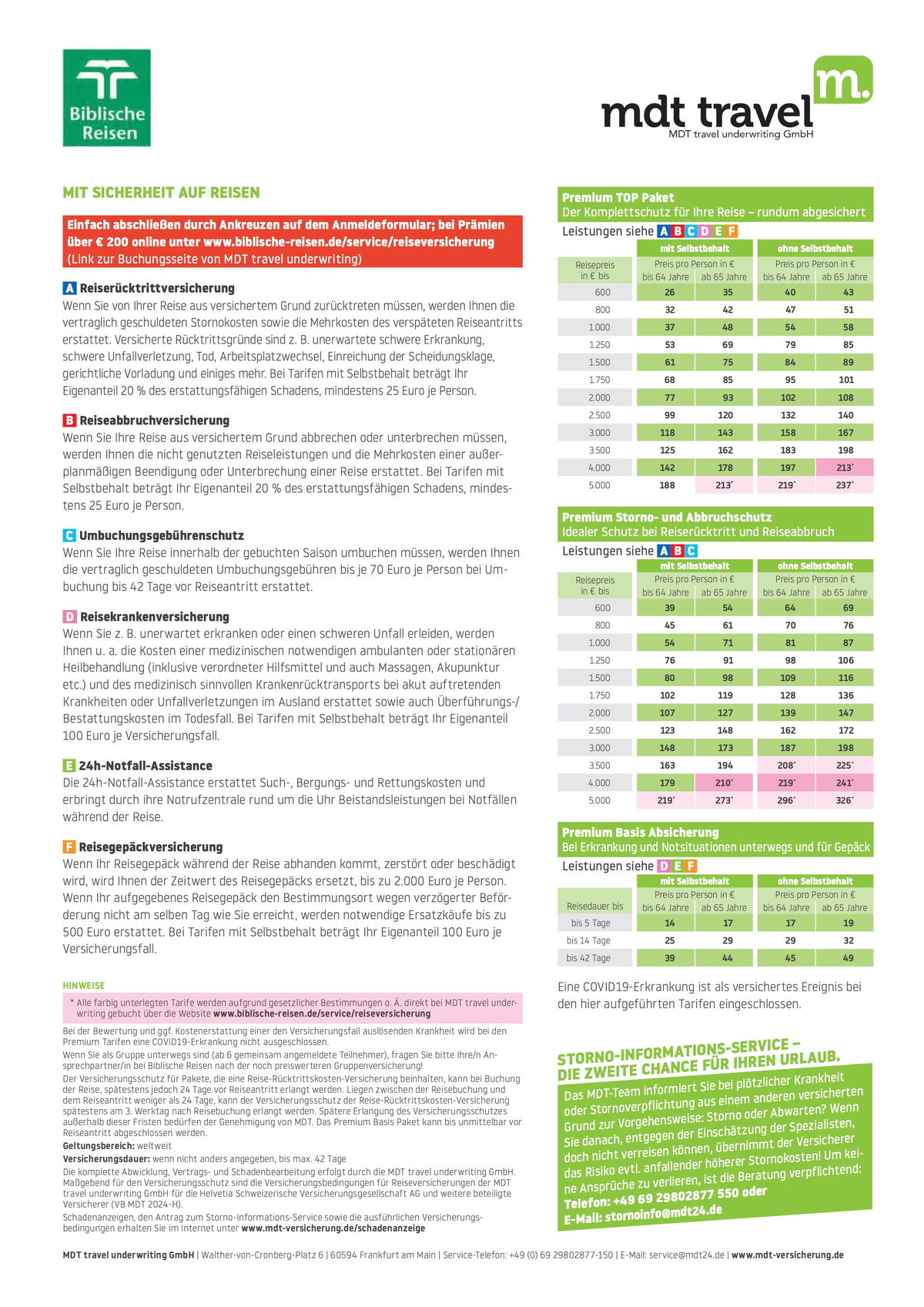 Übersicht zu Reiseversicherungen und Tarifen von Biblische Reisen mit mdt travel