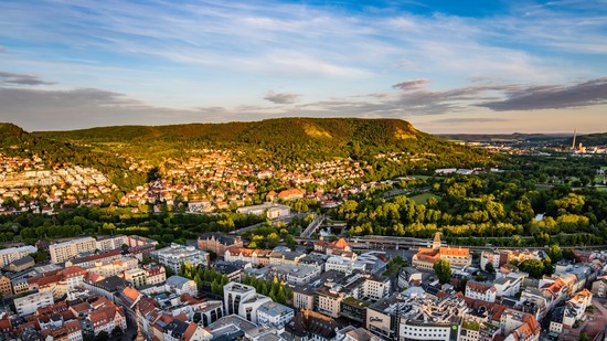 Blick über Dächer der Stadt mit grünem Hügel im Hintergrund