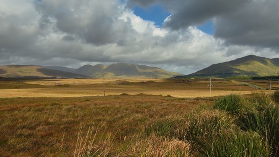Grasbewachsene Ebene mit Bergen im Hintergrund unter Wolkenhimmel