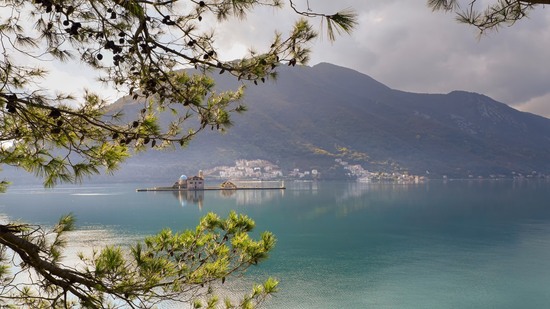 Grün gerahmter Ausblick auf ruhiges Wasser mit kleiner Inselstadt