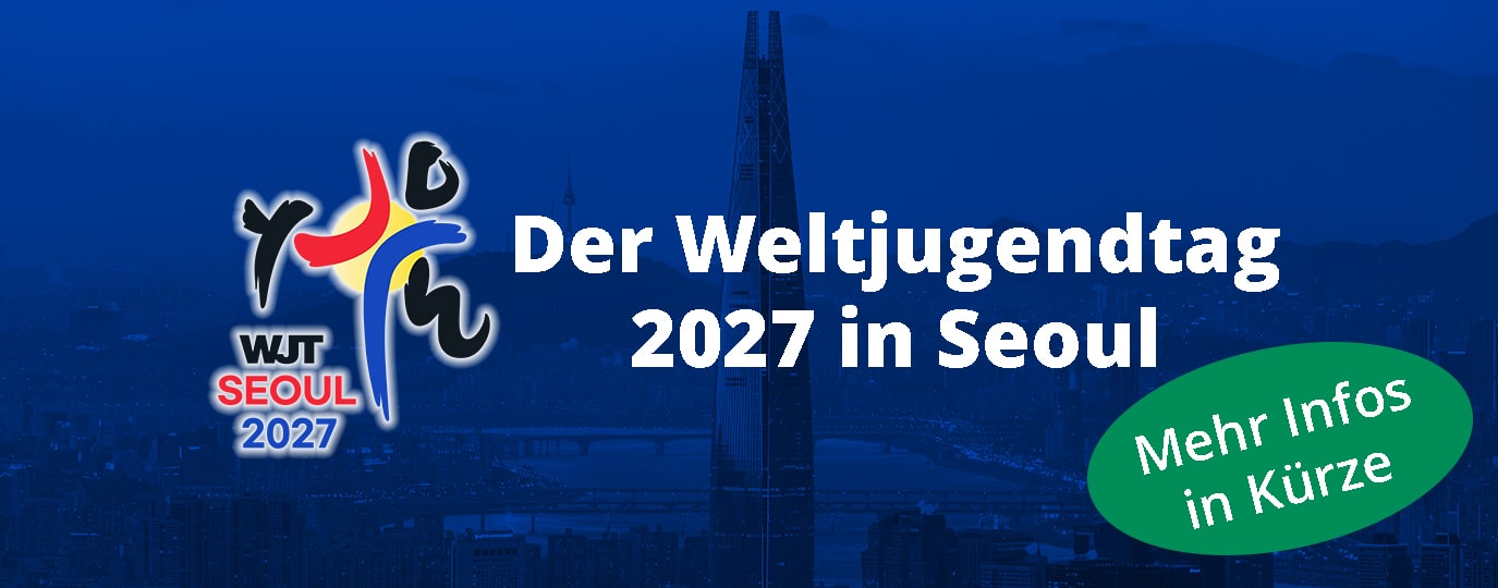 Logo des Weltjugendtages 2027 mit Text vor Skyline von Seoul